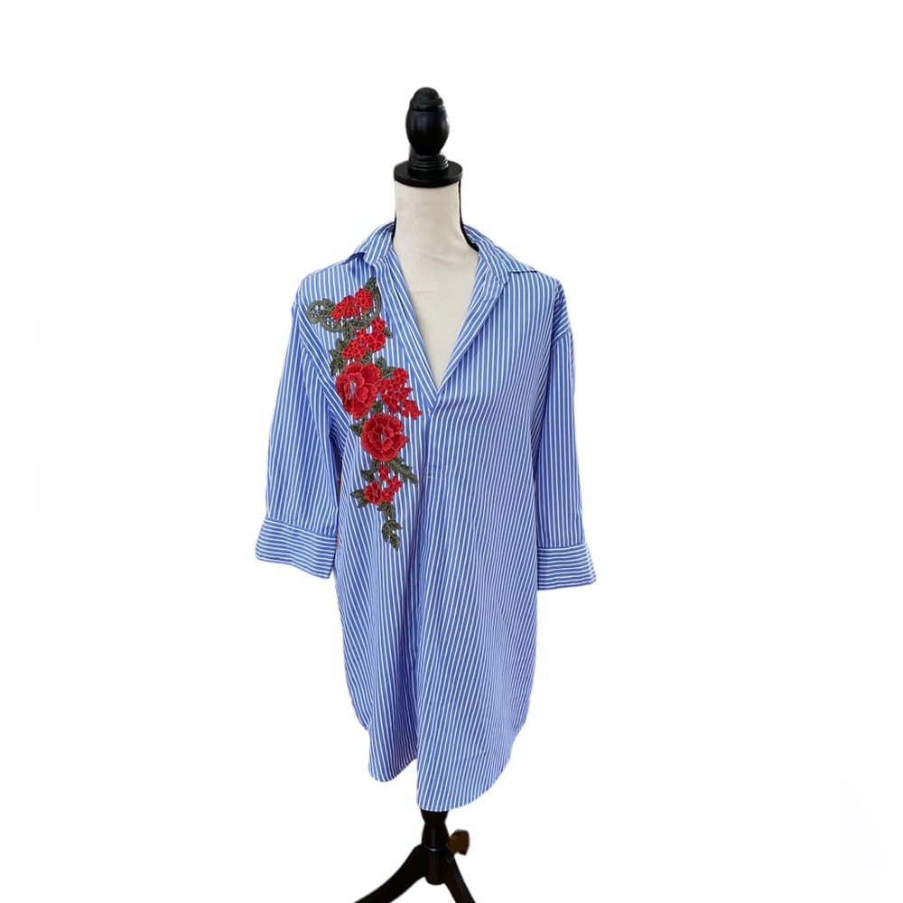 3/4 Sleeve Embroidered Pinstripe Mini Dress